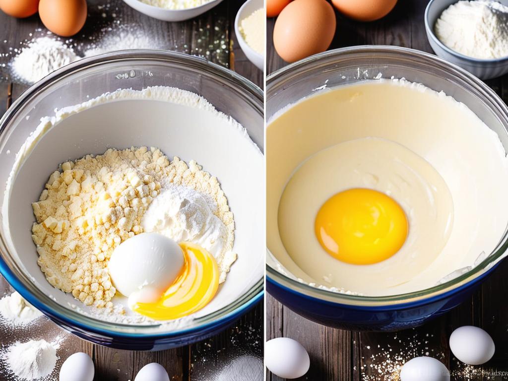 Процесс приготовления теста для сырников с яйцами, мукой, творогом, сахаром перемешанными в миске