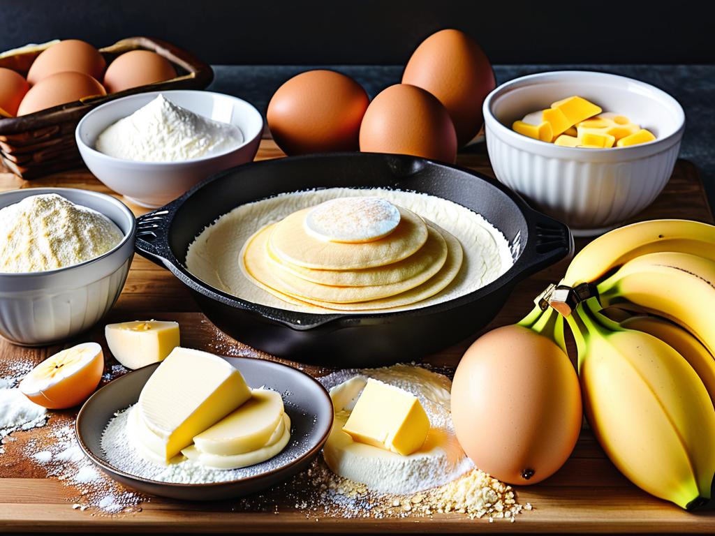 Фото ингредиентов для сырников: творог, банан, яйца, мука.