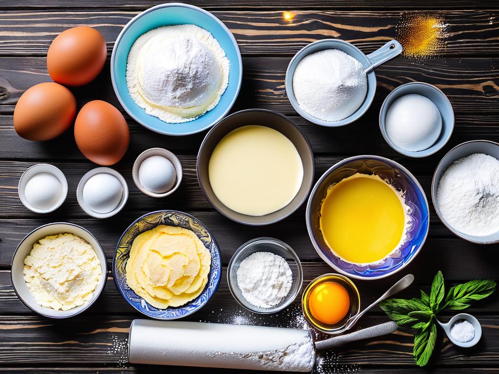 Ингредиенты для приготовления сырников - рикотта, яйца, мука, сахар на деревянном столе
