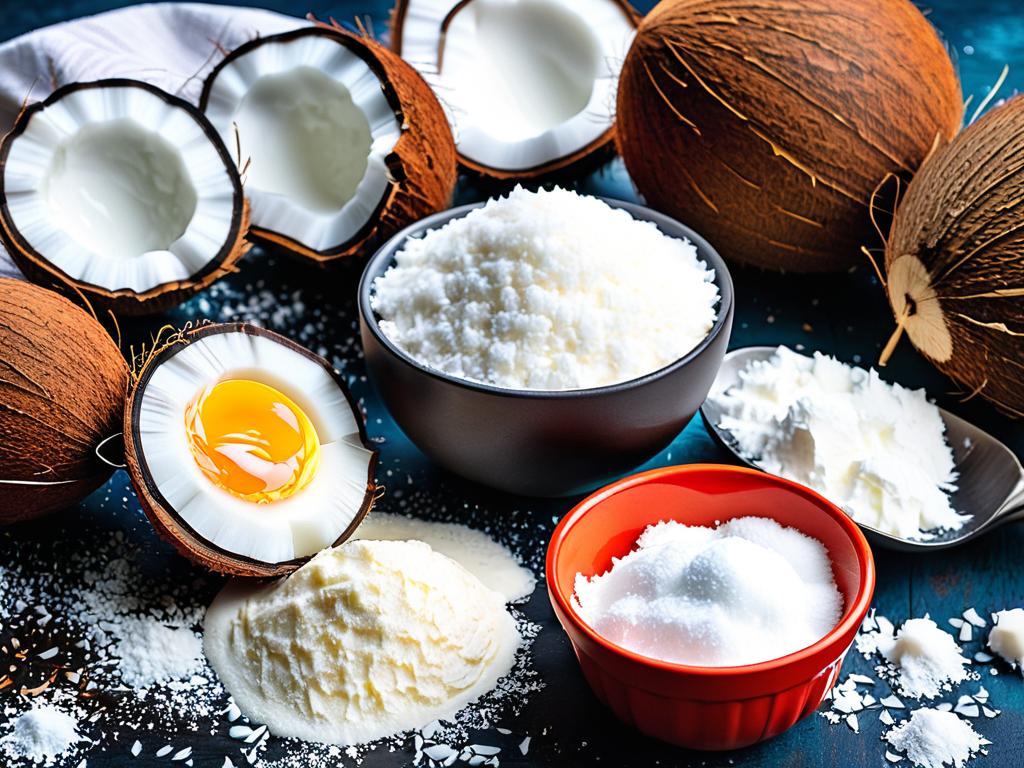 Ингредиенты для кокосовых сырников - творог, яйца, мука, сахар, кокосовая стружка, растительное
