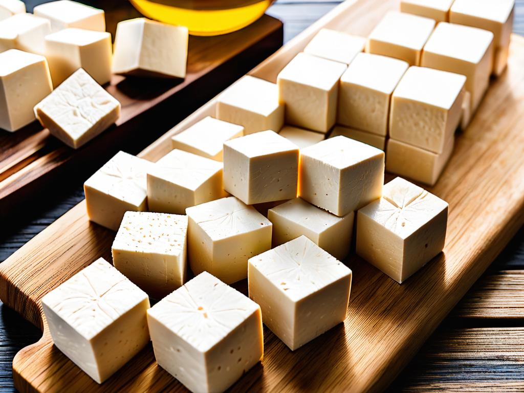 Кубики тофу на деревянной разделочной доске
