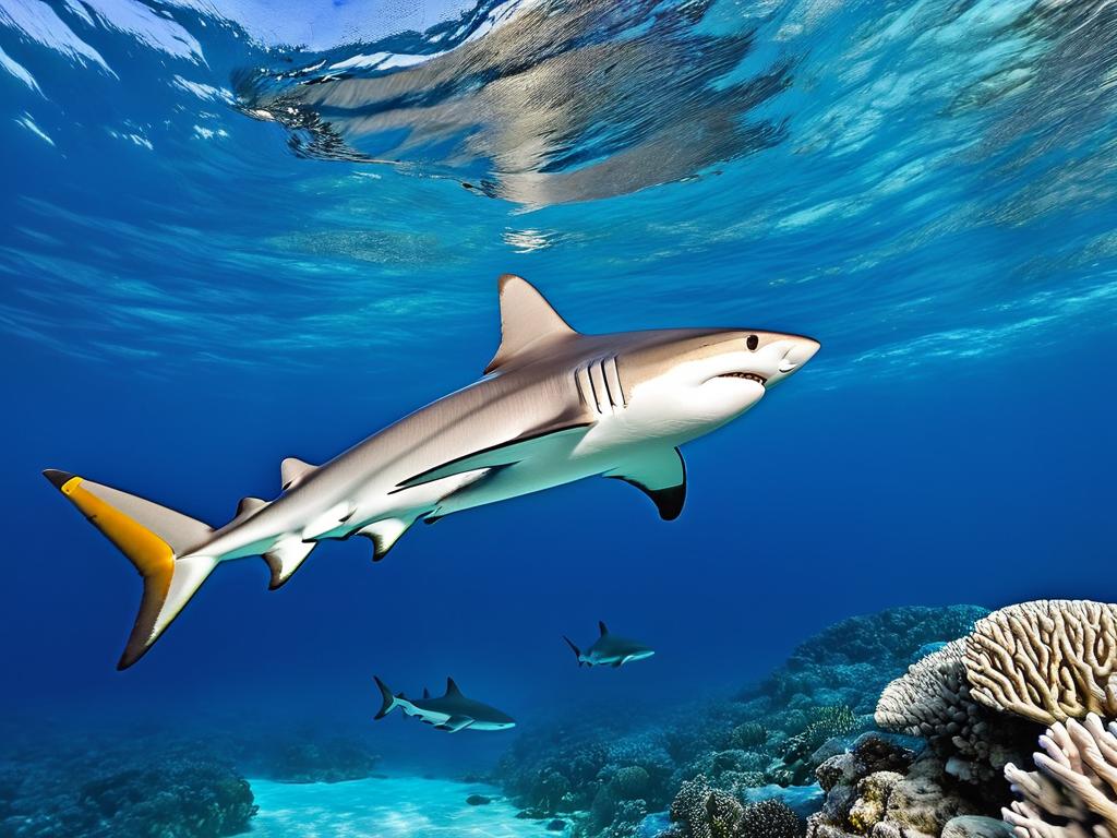 Рифовая акула плавает возле кораллового рифа в прозрачной голубой воде