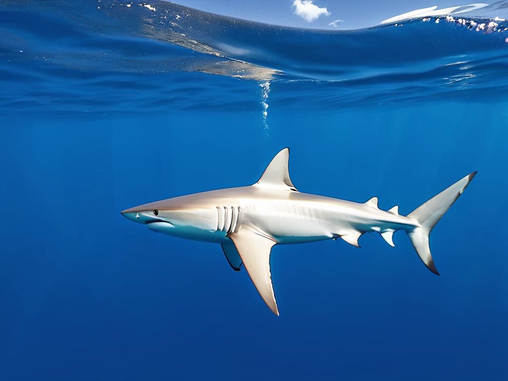 Синяя акула плавает в открытом океане в поисках добычи