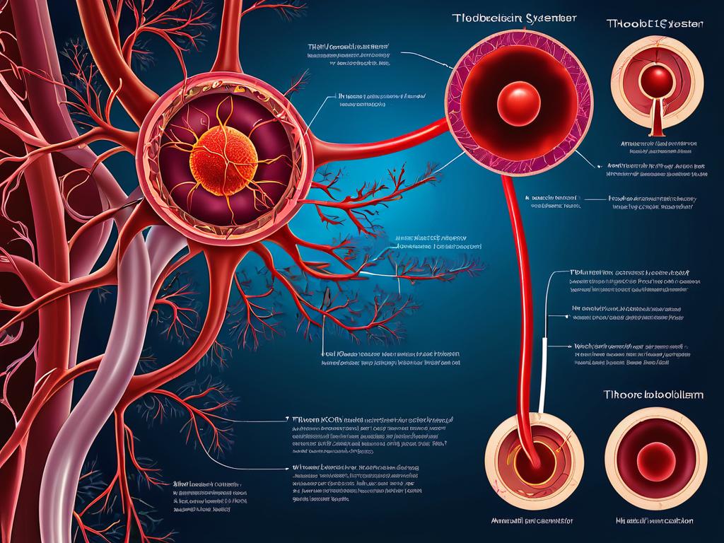 Медицинская иллюстрация, изображающая образование тромба и тромбоэмболии в кровеносной системе