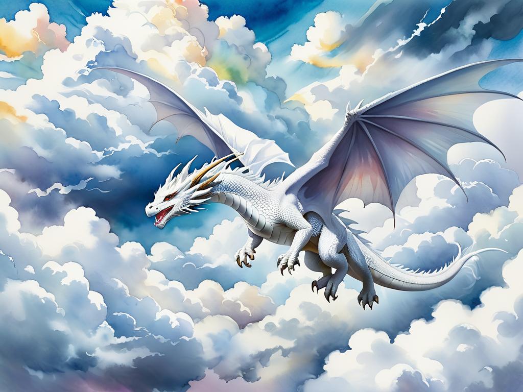 Акварельная картина белого дракона, летящего в облаках