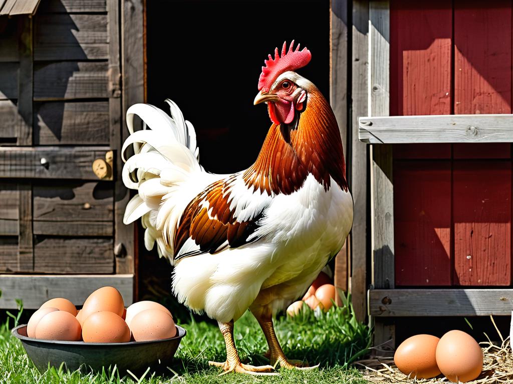 Курица стоит перед курятником, внутри видны яйца