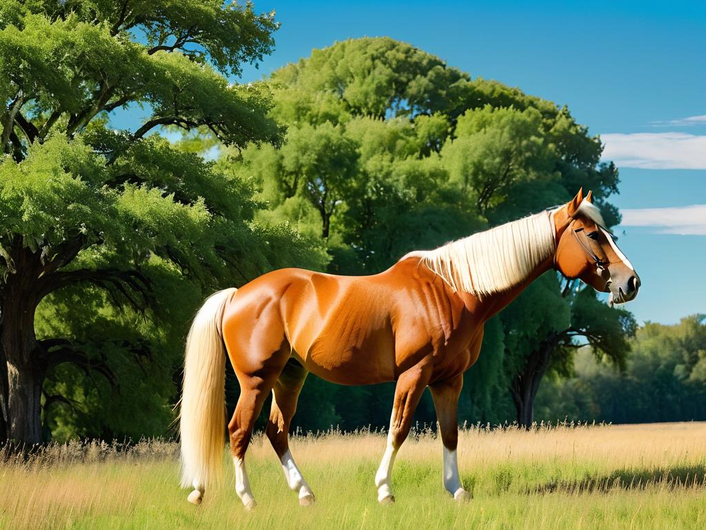 Светло-коричневая лошадь с белой гривой стоит на поле левым боком на фоне деревьев и голубого неба