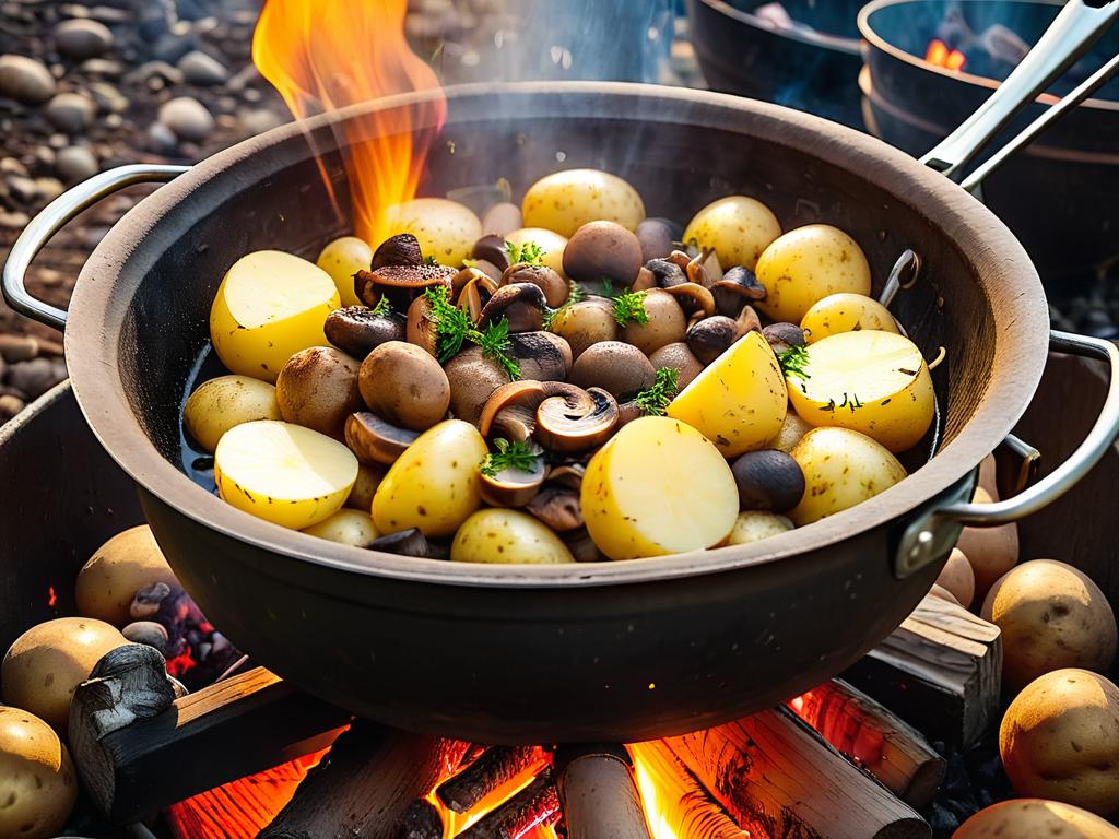 Фото процесса приготовления картошки с мясом и грибами в казане на костре