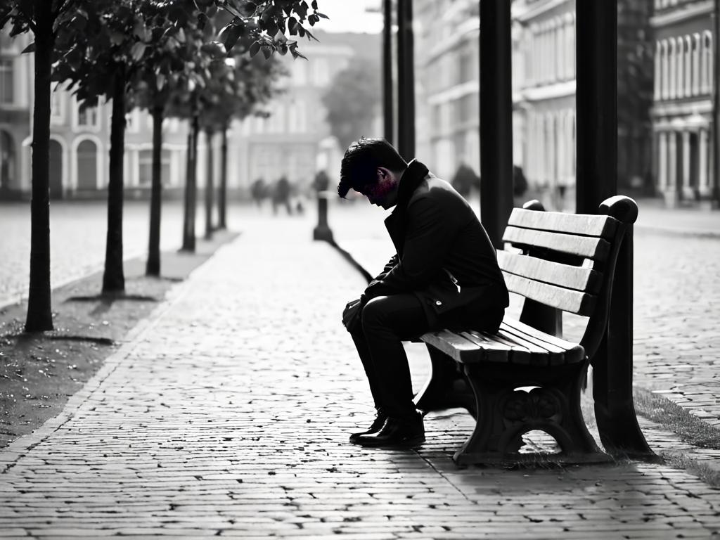 Одинокий человек сидит на скамейке, грустно глядя в землю