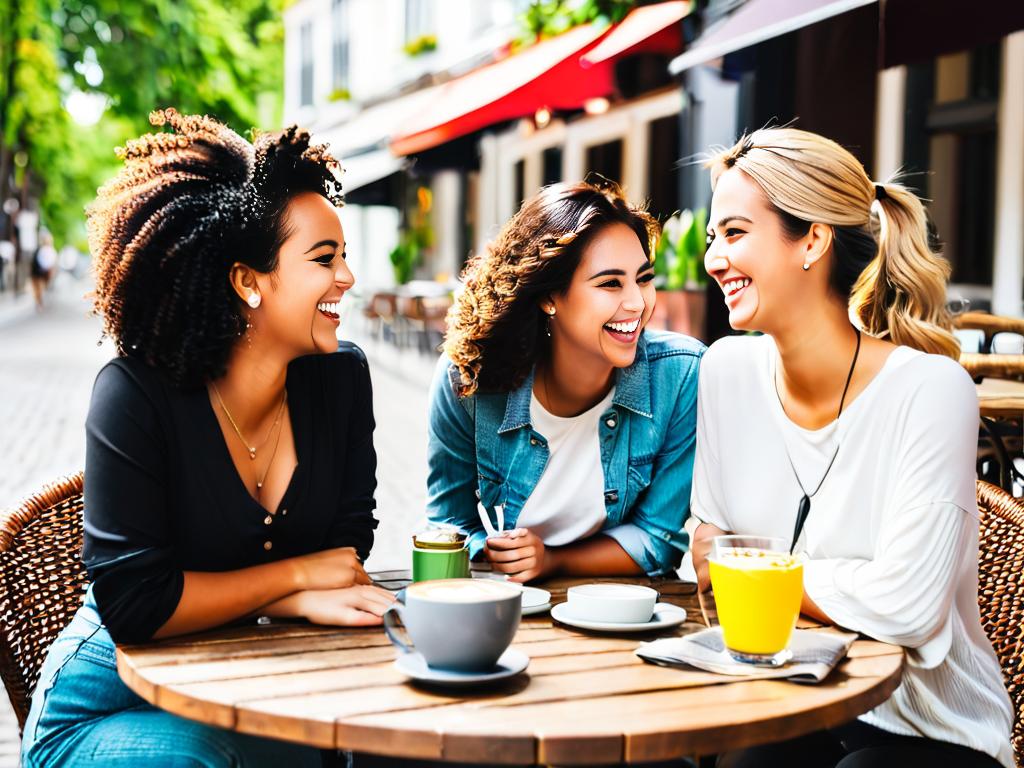 Молодые подруги смеются и беседуют за столиком в кафе