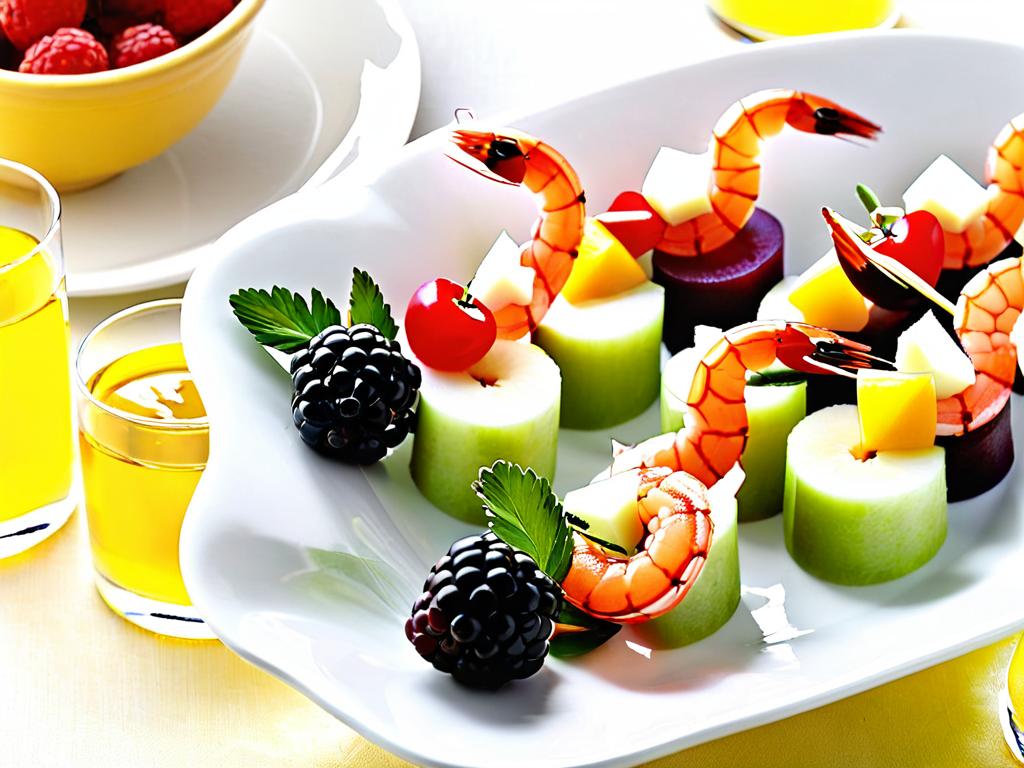 Идеи для канапе с креветками и фруктами на шпажках на новогодний стол