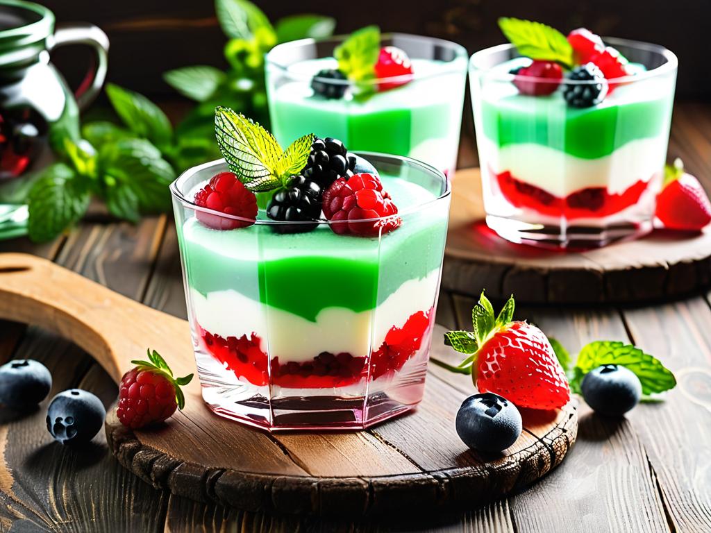 Десерт из творожного желе, украшенный листьями мяты и ягодами в стеклянных стаканах на деревянном