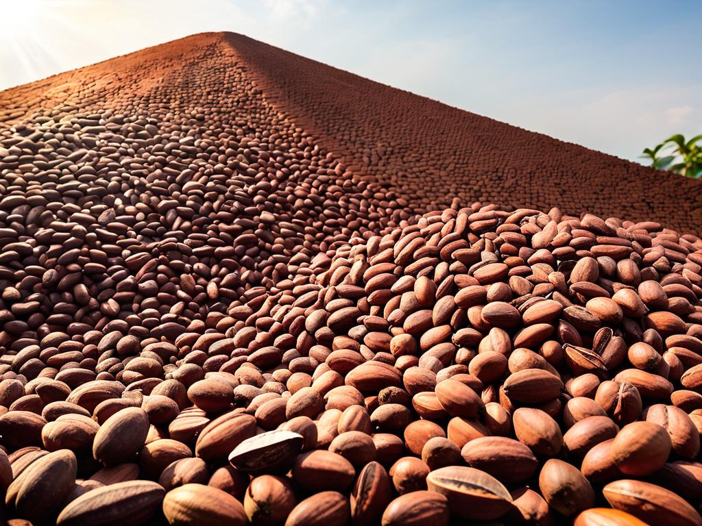 Куча сырых какао-бобов сохнет на солнце перед началом процесса ферментации
