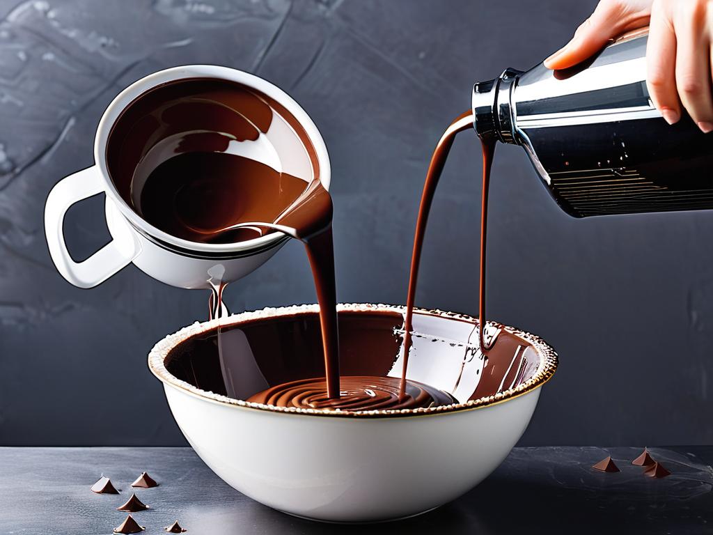 Жидкий шоколад льется из меланжера в миску перед началом процесса темперирования