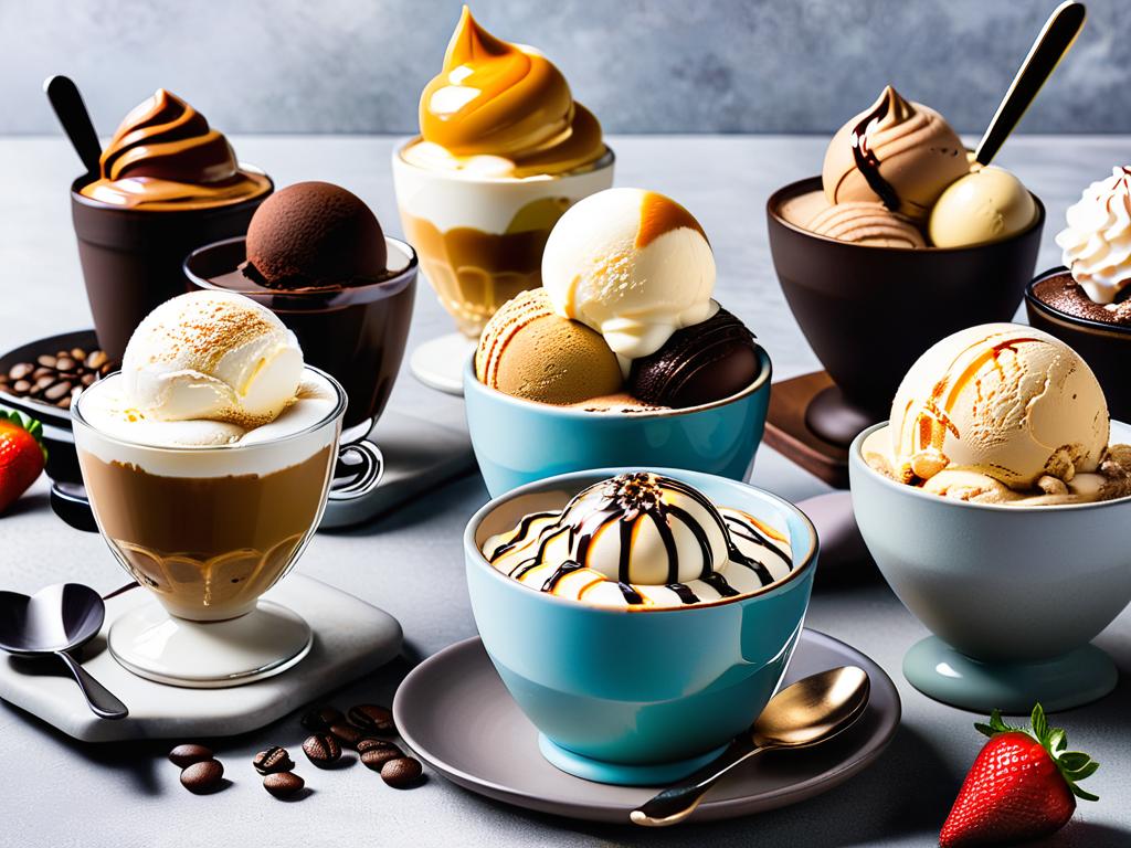 Различные десерты на основе кофе аффогато с вариантами вкусов мороженого и украшениями