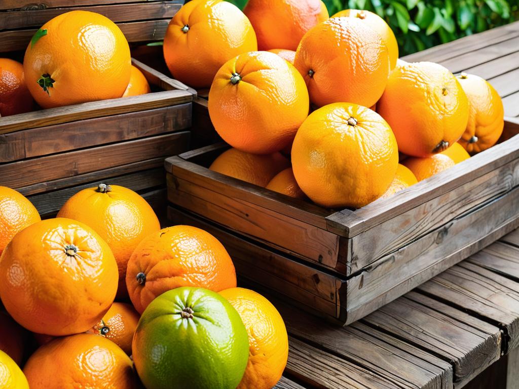 Кучи спелых апельсинов на деревянном столе, готовые для приготовления сока