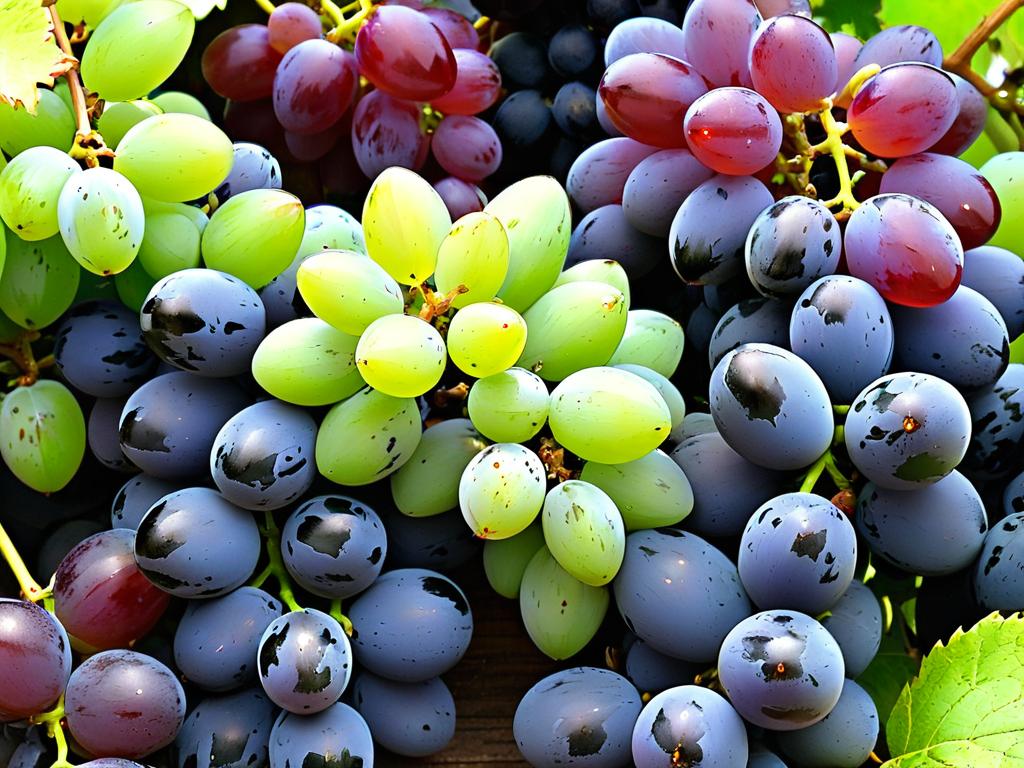 Гроздья зеленого и фиолетового винограда