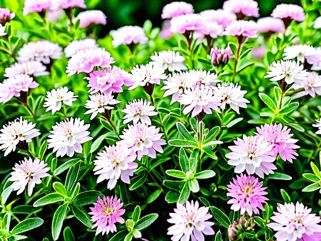 Растение тимьяна с розовыми и белыми цветами на зеленом фоне