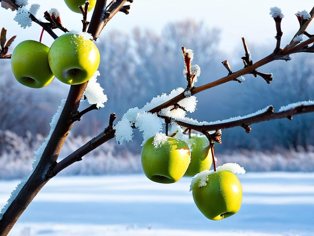 Подмороженные ветки яблони после суровой сибирской зимы