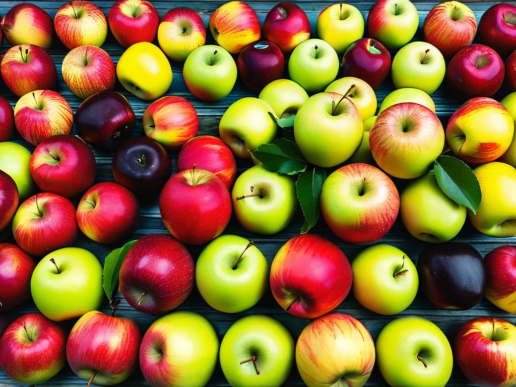 Коллекция разных сортов яблонь, выращенных в Сибири, на столе