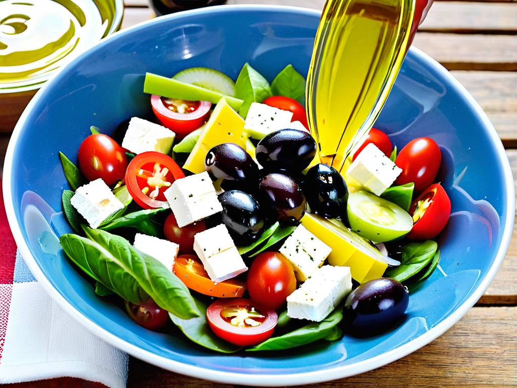 Приготовление греческого салата: нарезка овощей и добавление сыра с маслинами