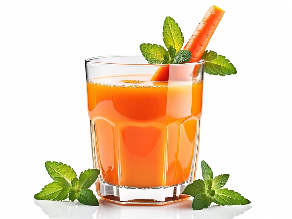 Стакан морковно-яблочного сока с листьями мяты на белом фоне