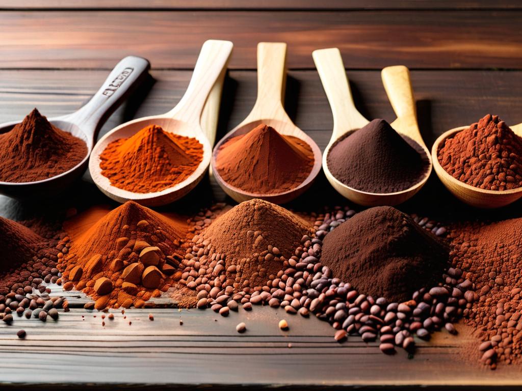 Ряд разных марок какао-порошка на деревянном столе с разбросанными какао-бобами
