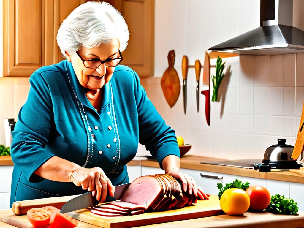 Пожилая женщина нарезает домашнюю ветчину ножом на разделочной доске