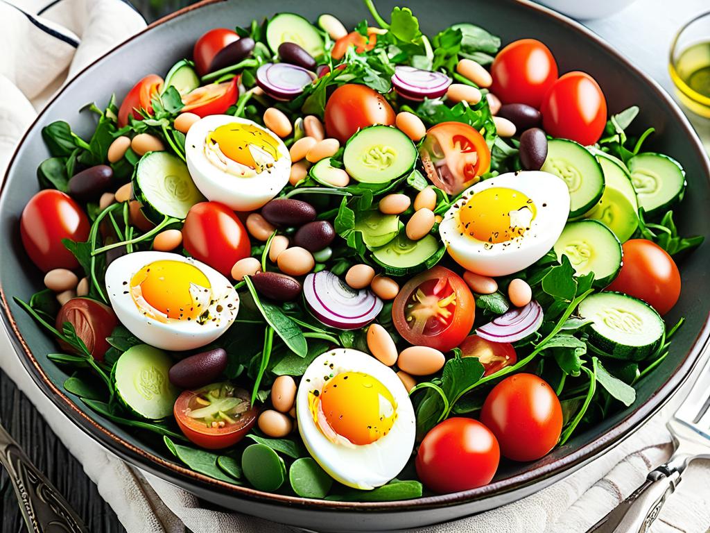 Красочный салат из фасоли, яиц, огурцов, помидоров и зелени