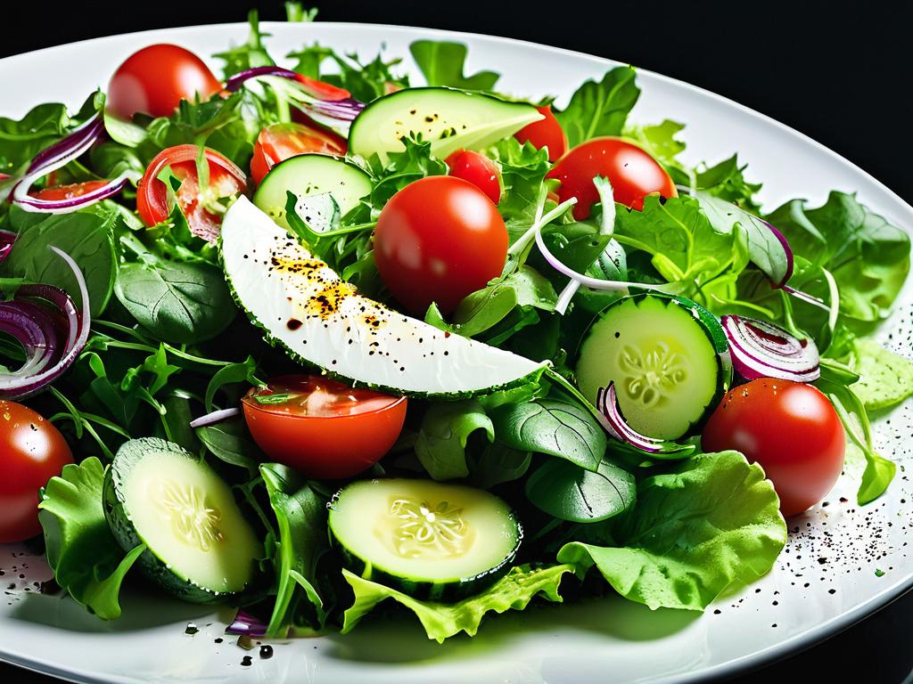 Крупный план салата из помидоров, огурцов, салата и зелени с заправкой для салата в белой тарелке