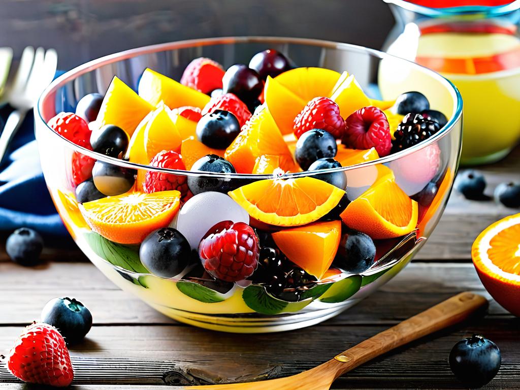 Красочный свежий фруктовый салат с ягодами и дольками апельсина в стеклянной миске на деревянном