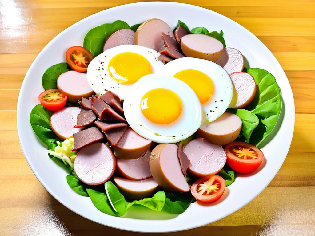 Салат с нарезанным отварным свиным языком, картофелем, яйцами и майонезной заправкой