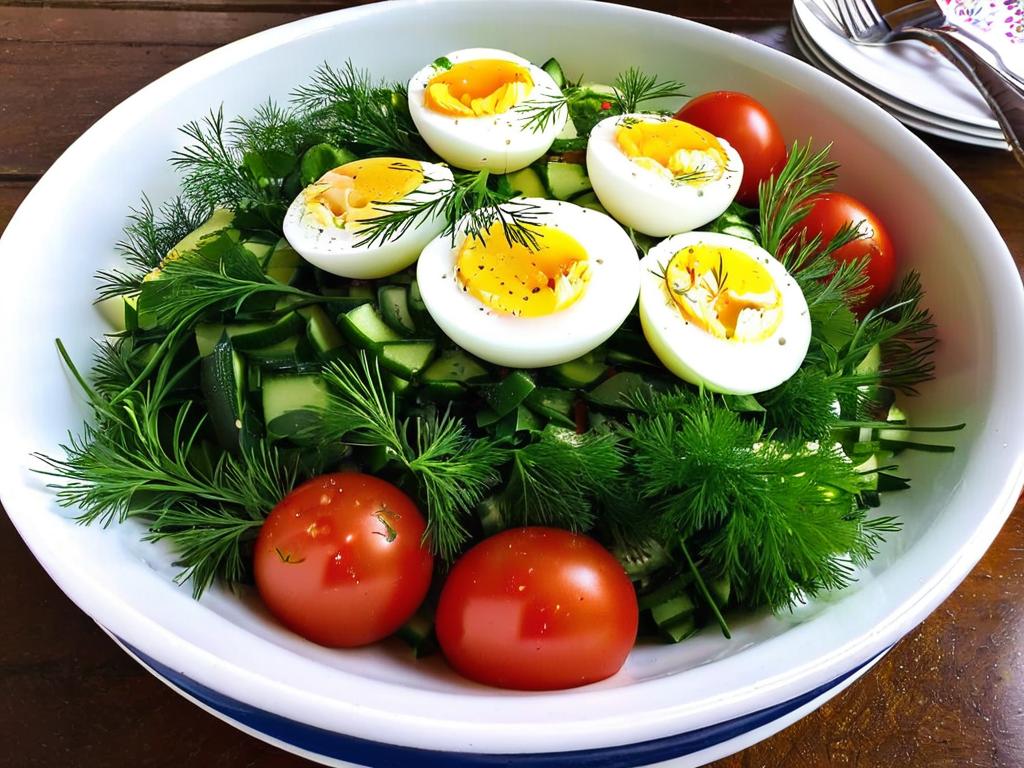 Салат с огурцами помидорами яйцами луком и укропом