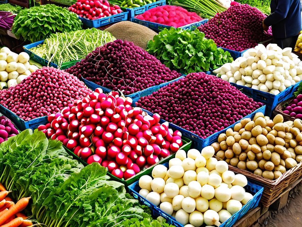 Овощной рынок с разными сортами редьки