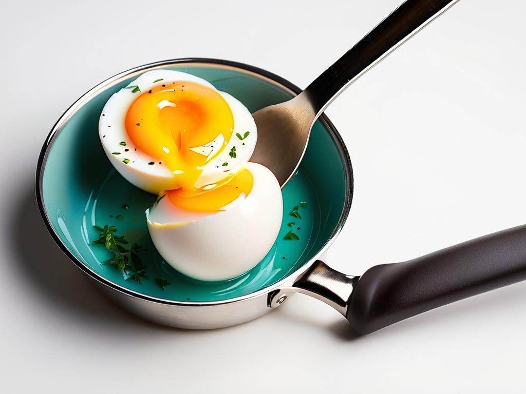 Фотография яйца пашот в половнике на тарелке с хлебом