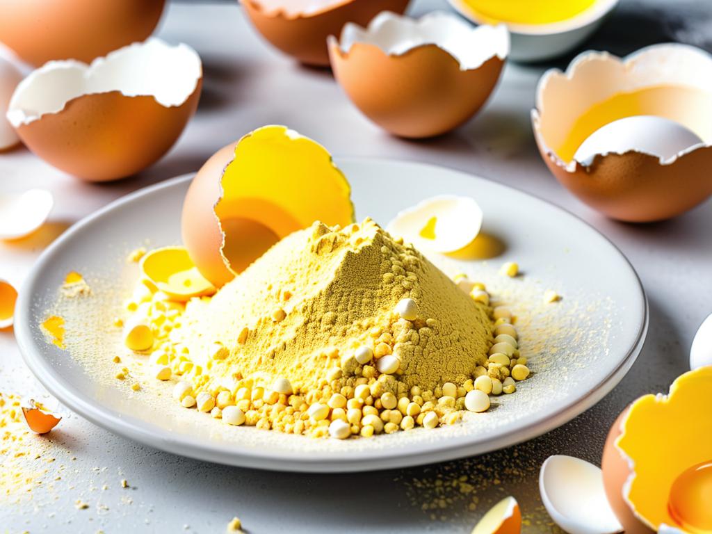 Крупным планом яичный порошок желтого цвета на белой тарелке с оболочками яиц