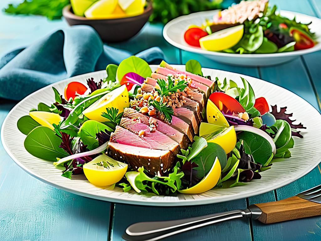 Разноцветный салат с тунцом и листовыми овощами