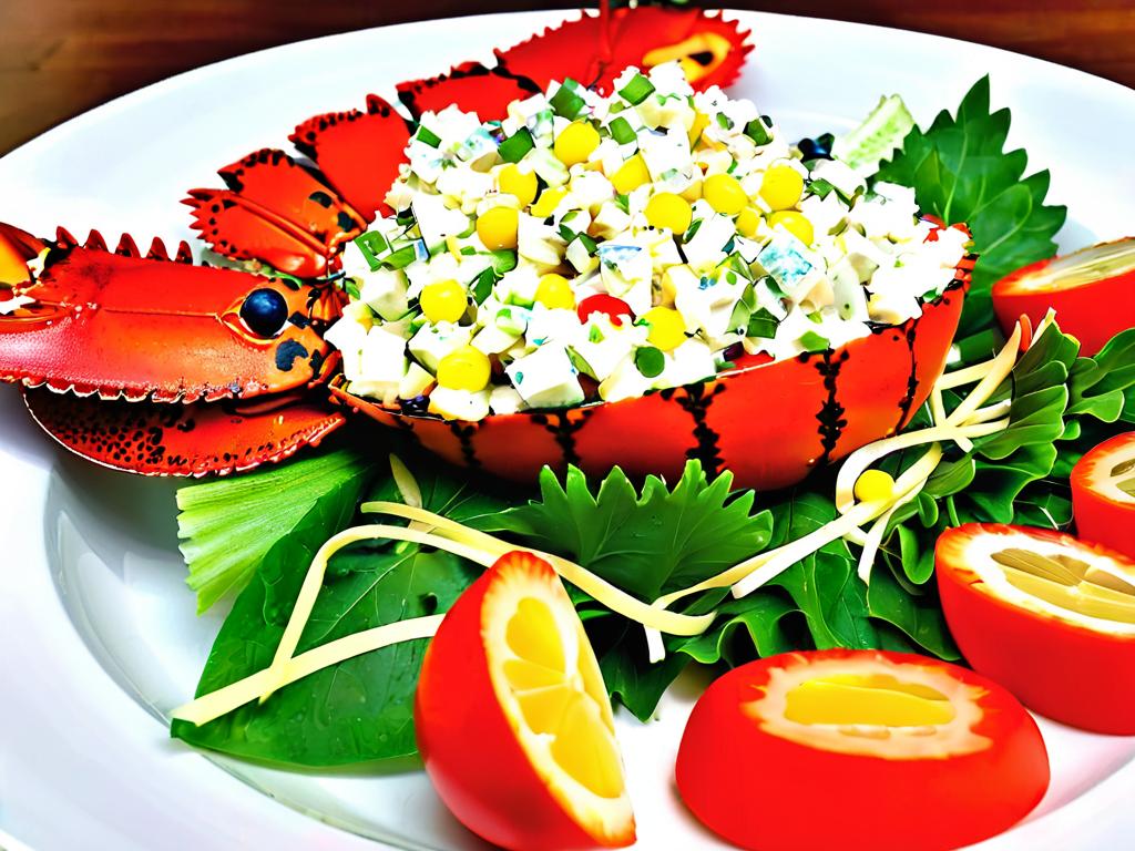 Готовый салат с кальмарами, креветками и красной икрой красиво украшенный и готовый к подаче