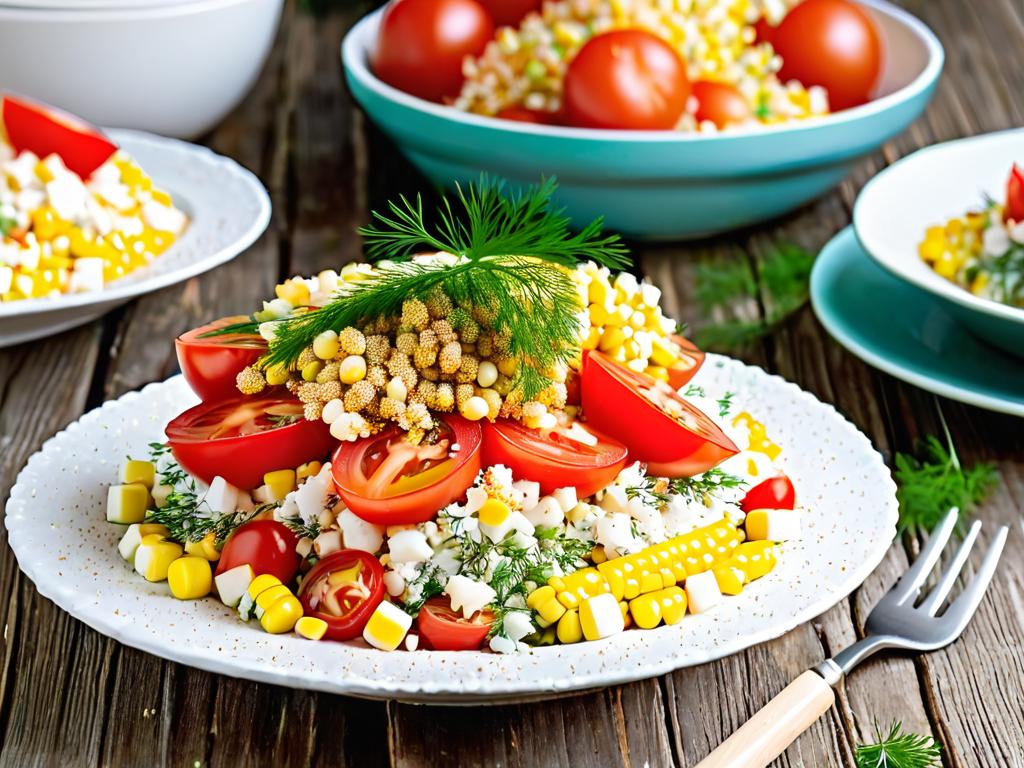 Салат с крабовыми палочками, помидорами, кукурузой и сухариками слоями в белых тарелках на фоне