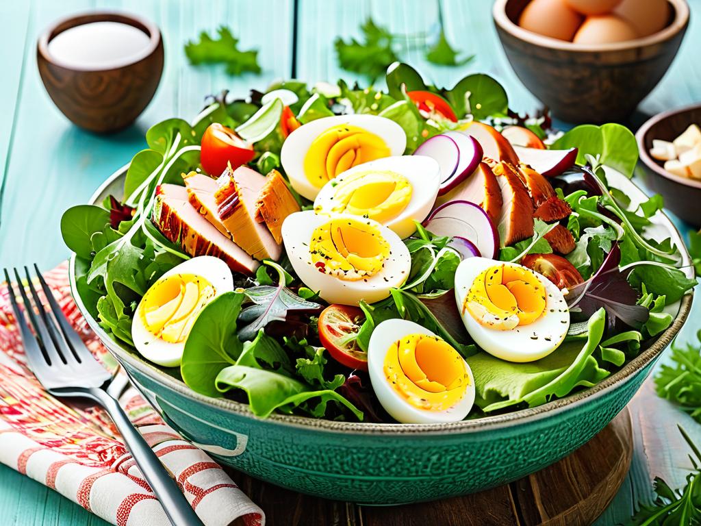 Салат с яйцом, копченой курицей, овощами и зеленью в салатнице