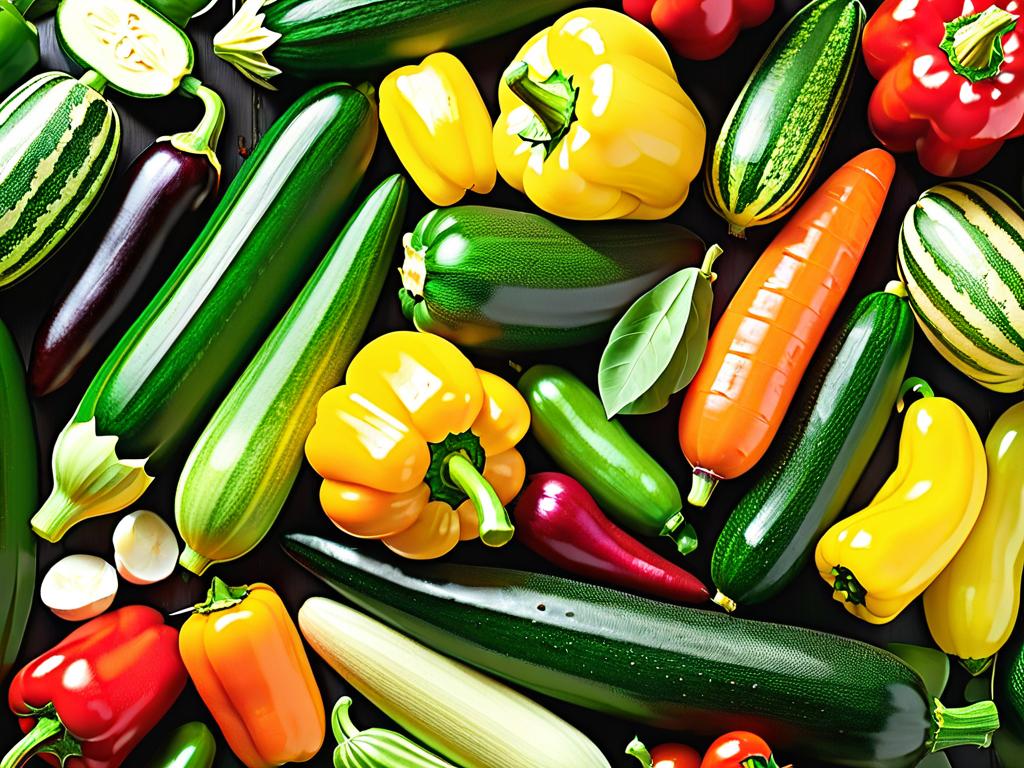 Разнообразие приготовленных овощей, таких как кабачки, болгарский перец, морковь, фасоль для