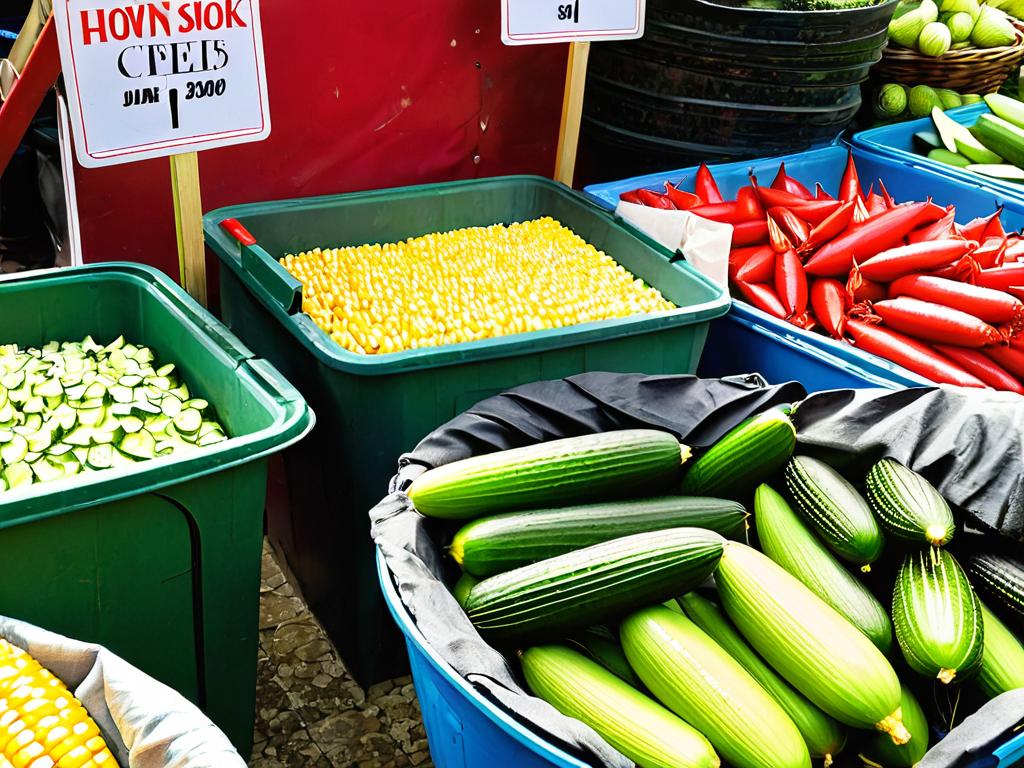 Выбор свежей кукурузы огурцов и крабовых палочек для салата на прилавке магазина