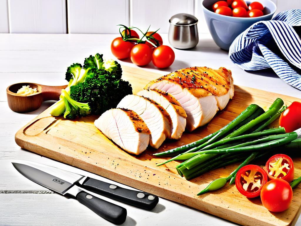 Отварное куриное филе на разделочной доске с ножом, овощами и кухонной утварью