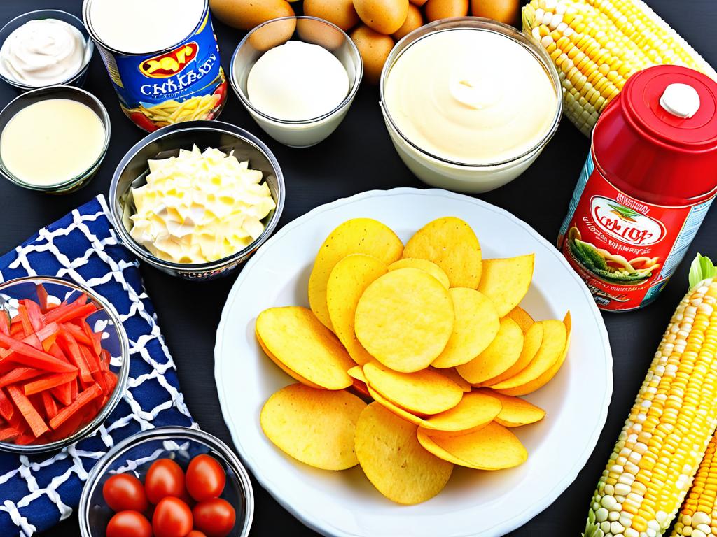 Ингредиенты для салата - крабовые палочки, кукуруза консервированная, картофельные чипсы со вкусом