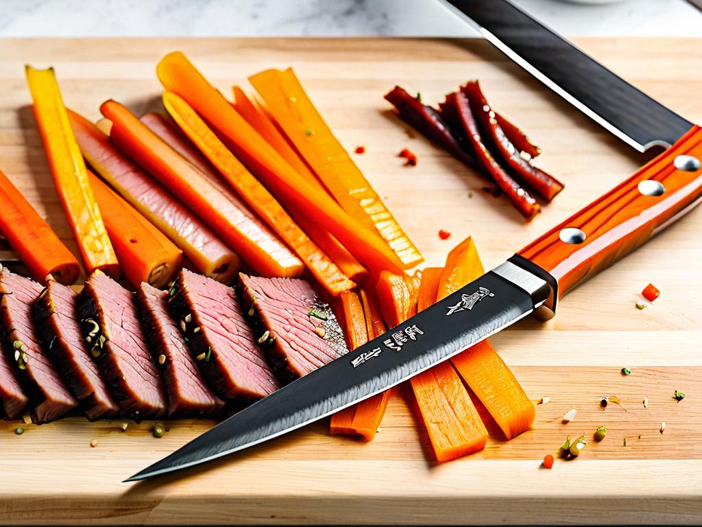 Нарезанная корейская морковь и говядина на разделочной доске