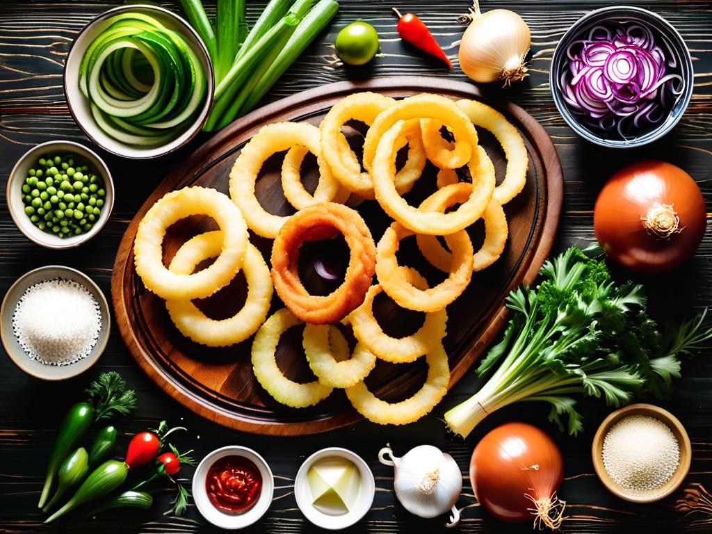 Различные овощи и ингредиенты для приготовления луковых колец на деревянном столе