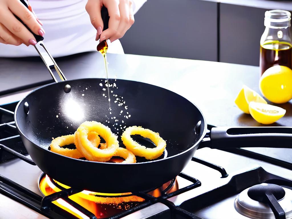 Женщина жарит луковые кольца в сковороде с маслом