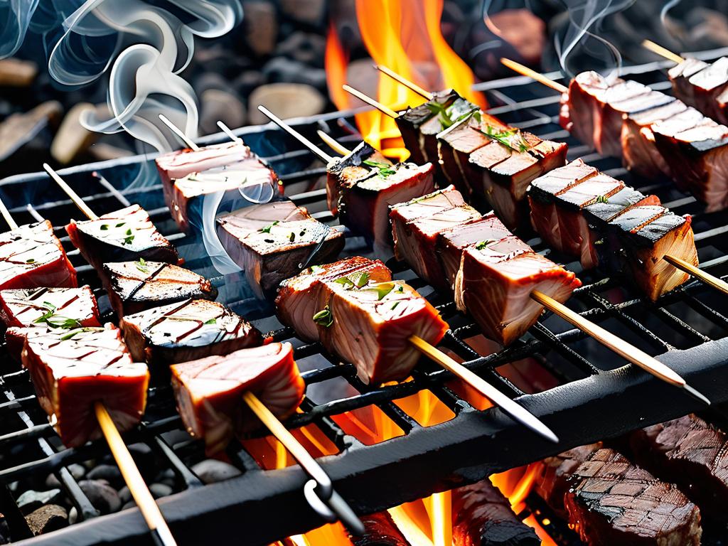 Кусочки мяса на шампурах жарятся на углях, вокруг дым