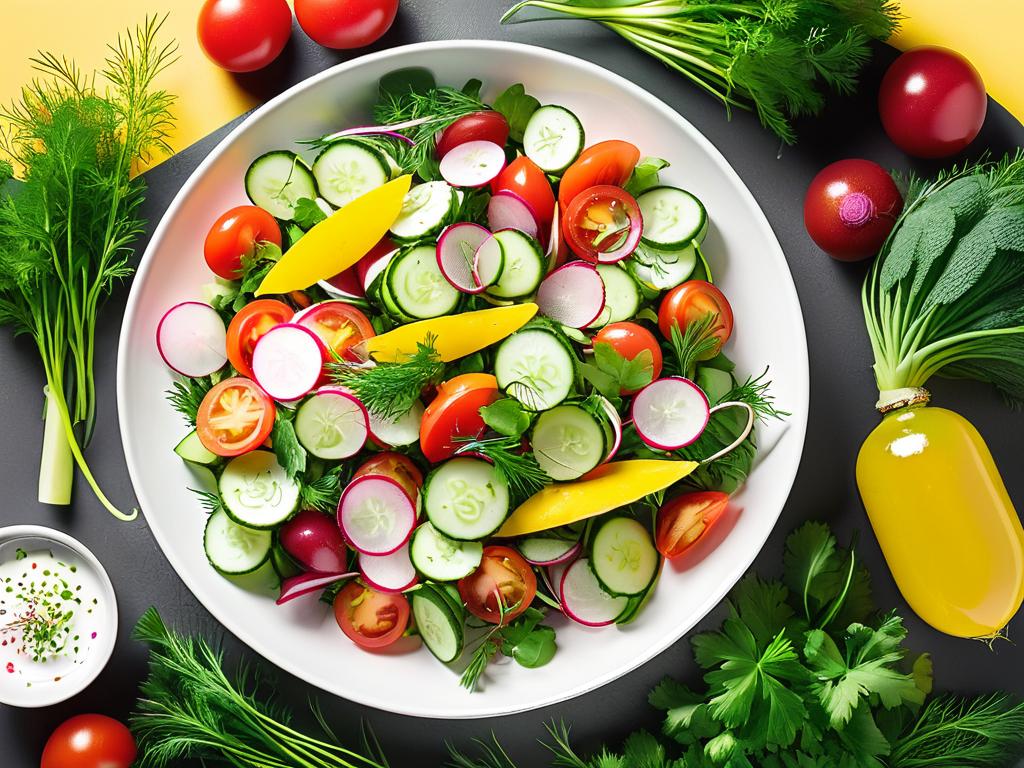 Вид сверху на свежий овощной салат с огурцами, редисом, помидорами, морковью, зеленью и укропом в