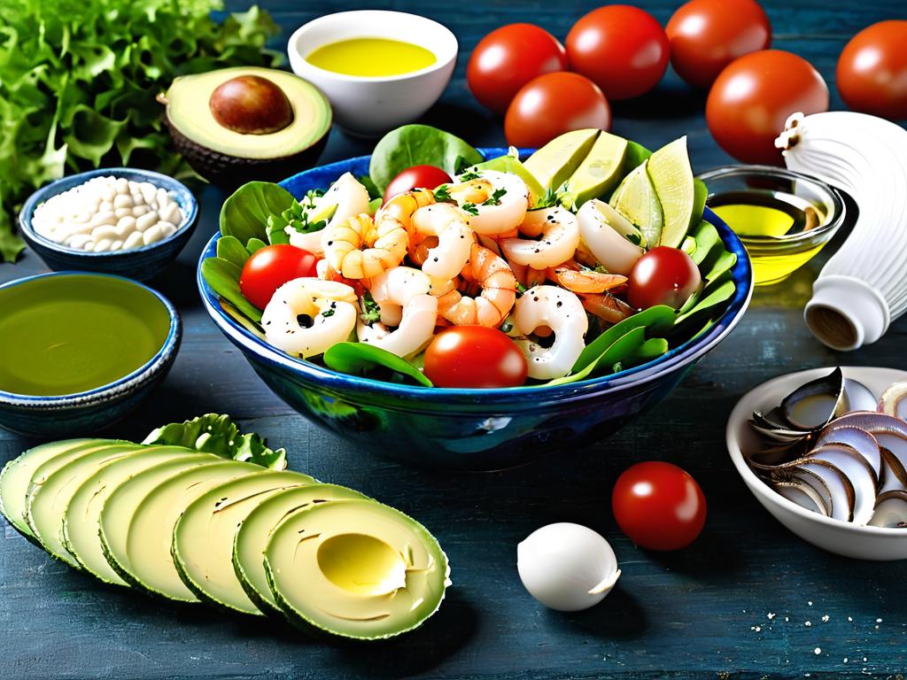 Ингредиенты для морского салата с кальмарами: салат, помидоры, авокадо, оливковое масло